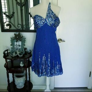 Milano large cobalt blue silver sequin beaded mini dress one shoulder strap form